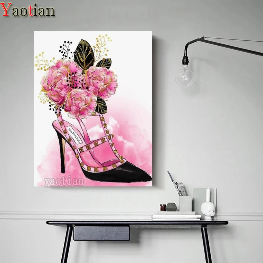 

Камни в форме ромба круглый дрель алмазного живопись Модная обувь на высоком каблуке с изображением розовых цветов 5D DIY мозаичная картина, в...