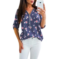 summer new zipper women tops and blouses floral print three quarters sleeve elegant office work wear shirt female casual shirts