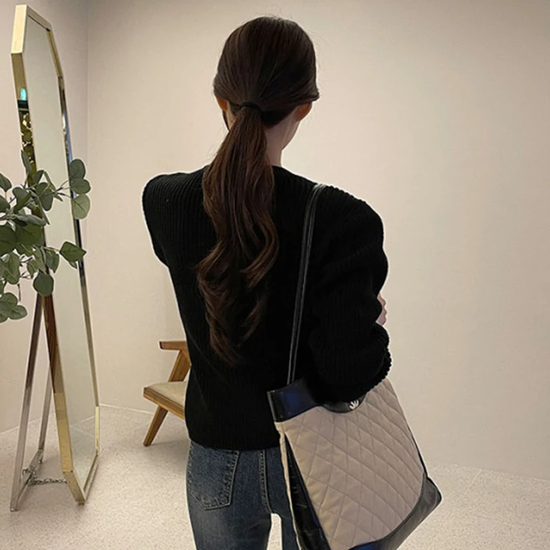 

GALCAUR Winter Clothes Women Long Sleeve Top V Neck Slim Patchwork Colorblock Single Breasted Sweaters Female 2021 New Clothing