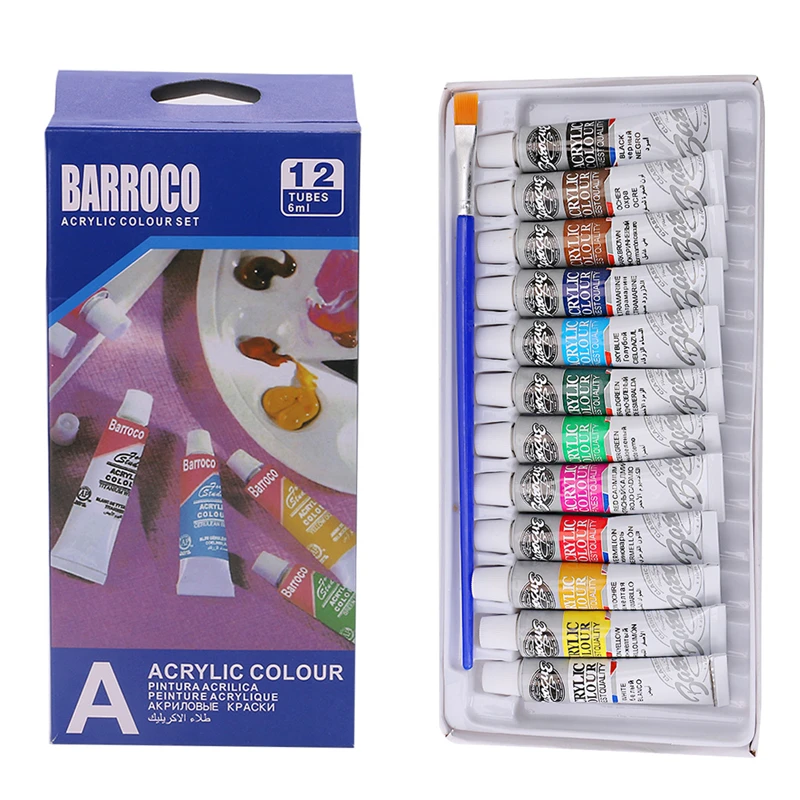 

6 ml 12 Color Professional Acrylic Paints Set Hand Painted Wall Paint Tubes Artist Draw Painting Pigment Free Brush