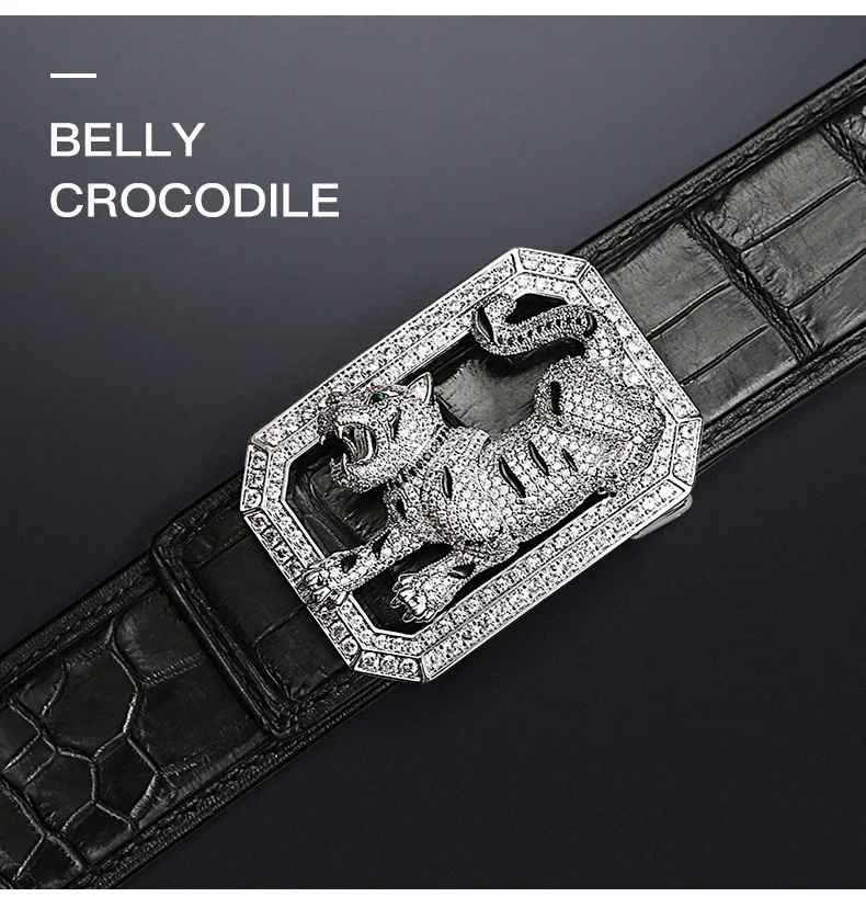 McParko Crocodile Belt Mens Leather Belts With Buckle Luxury Animal Design Genuine Leather Waist Belt with rhinestones Buckle