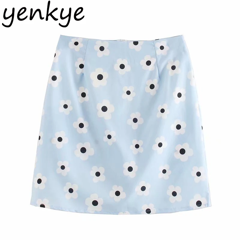 

Женская юбка с цветочным принтом, милая трапециевидная мини-юбка с высокой талией и молнией сзади, летняя юбка для отдыха