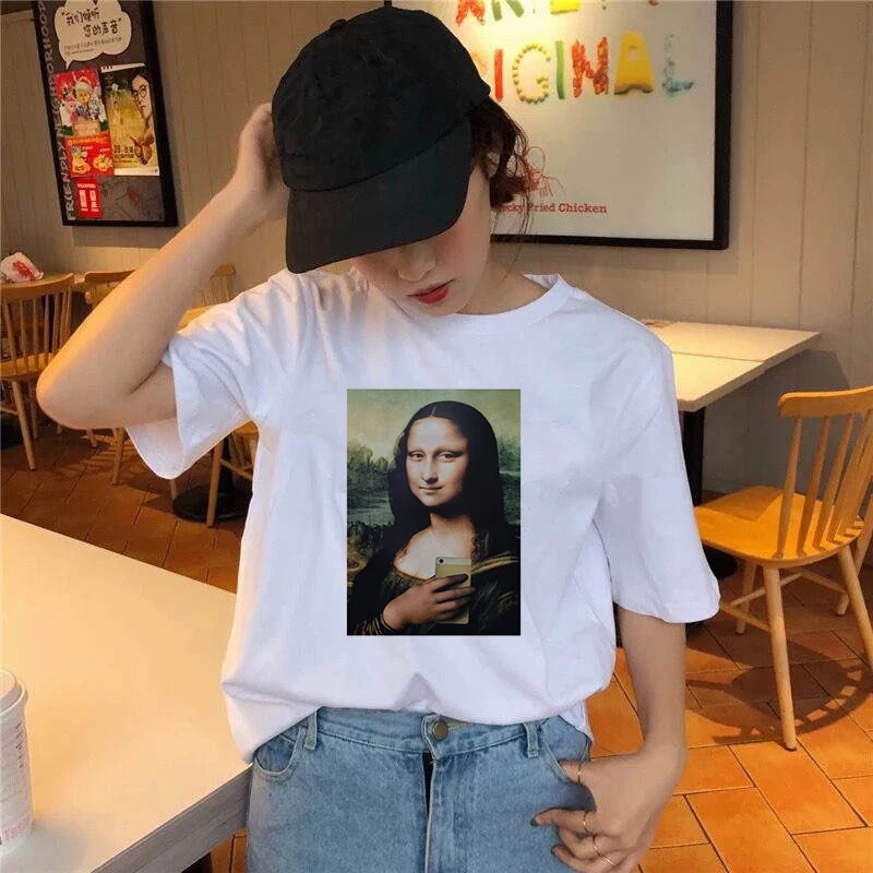 

Women aesthetics funny Tshirts New summer spoof Mona Lisa Printing T-Shirts Casual Short Sleeves Tops Female streetclothing