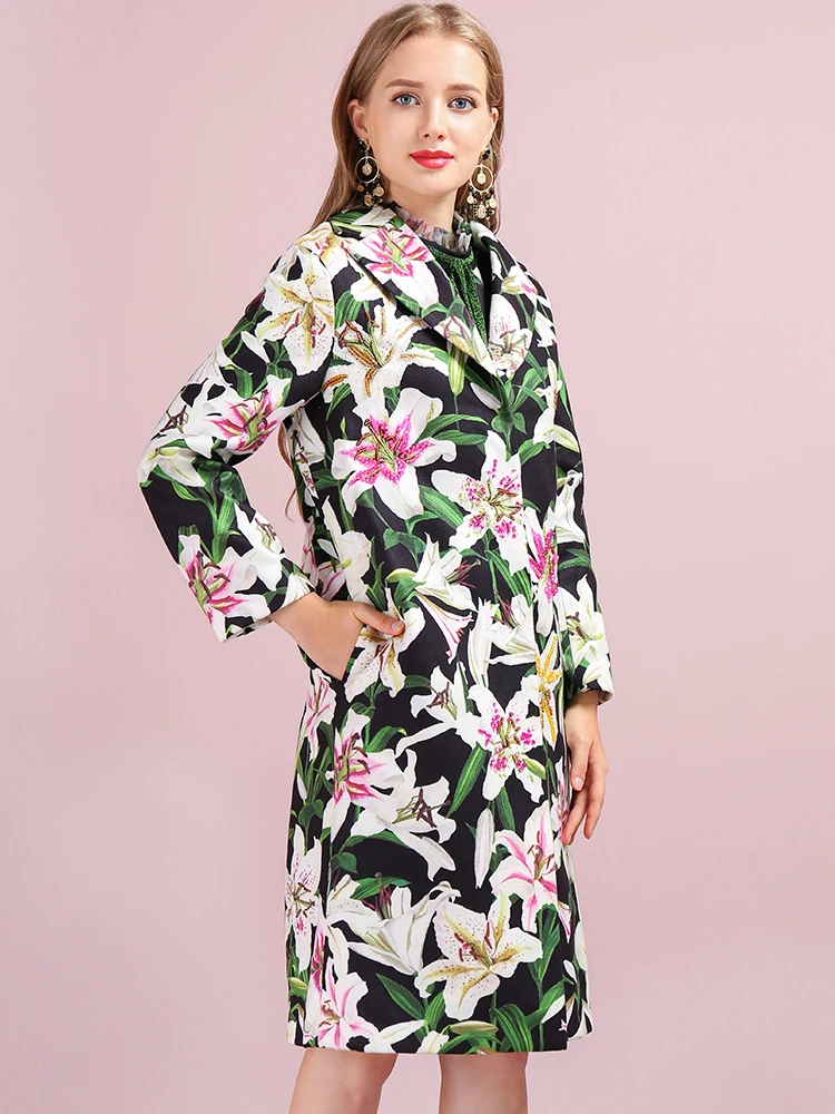 LD LINDA DELLA Autumn Winter Outwear Women's Coats Long Sleeve Floral Printed Button Beading Elegant Vintage Ladies Overcoat