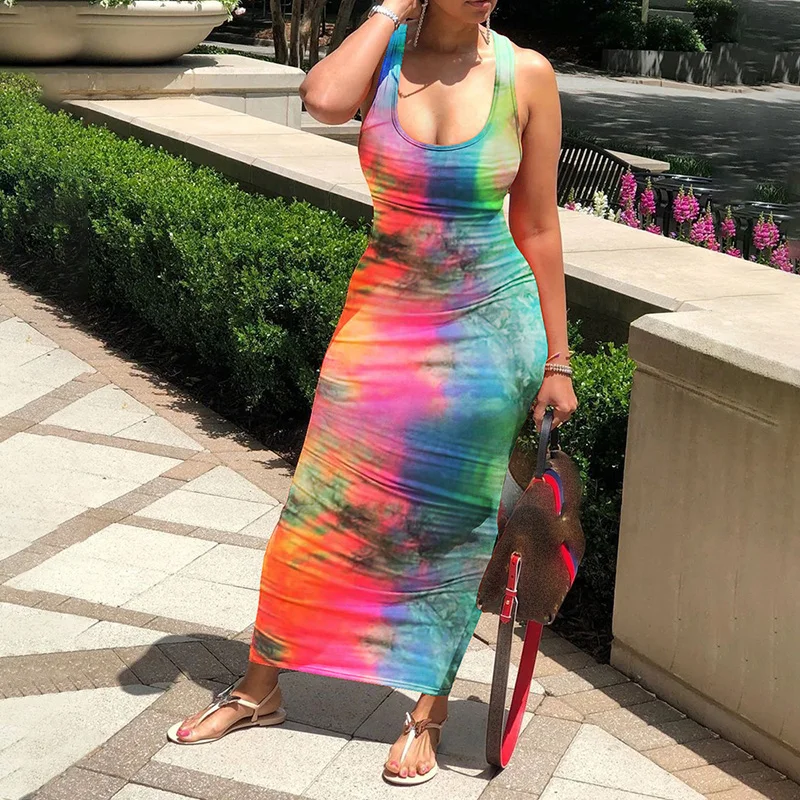 

Women Elegant Sleeveless Long Dress Female Tie Dye Backless Summer Loose Fit Casual Maxi Dress