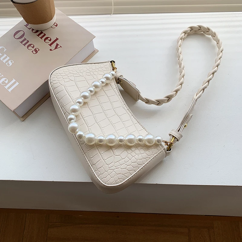 

Stone Pattern Pearl Design PU Leather Shoulder Underarm Crossbody Bag for Women 2021 Summer Weave Belt Handbags and Purses