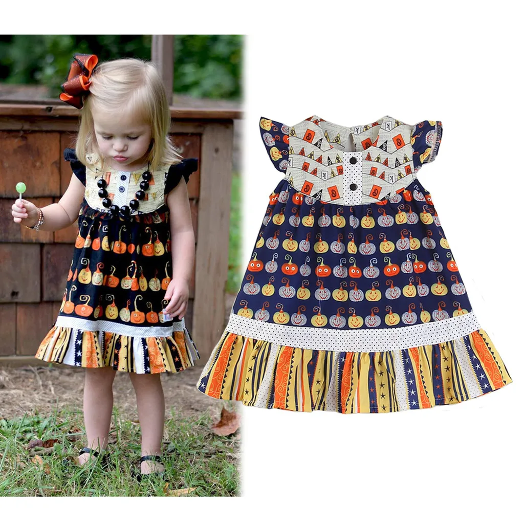 Платье Дети для девочек на Хэллоуин Тыква с принтом праздничное платье принцессы