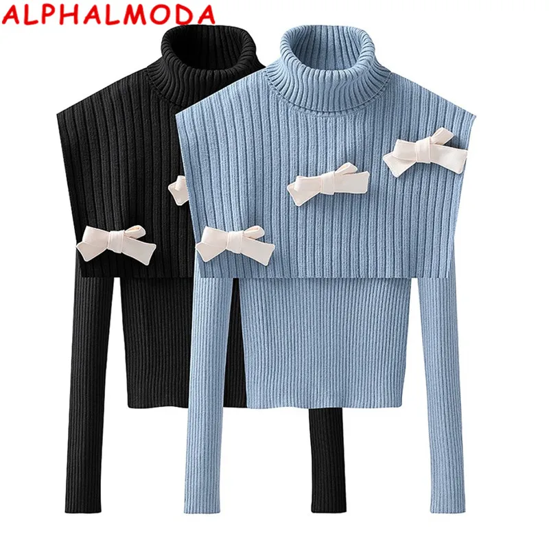 ALPHALMODA 2021 Демисезонный бант шаль с отложным воротом + футболка длинными рукавами