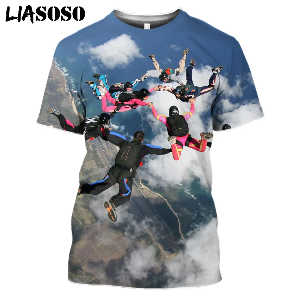 

LIASOSO Unisex 3D Printing Skydiving Parachute Men Women T-shirt Harajuku Summer Sports Fitness Funny Tshirt New