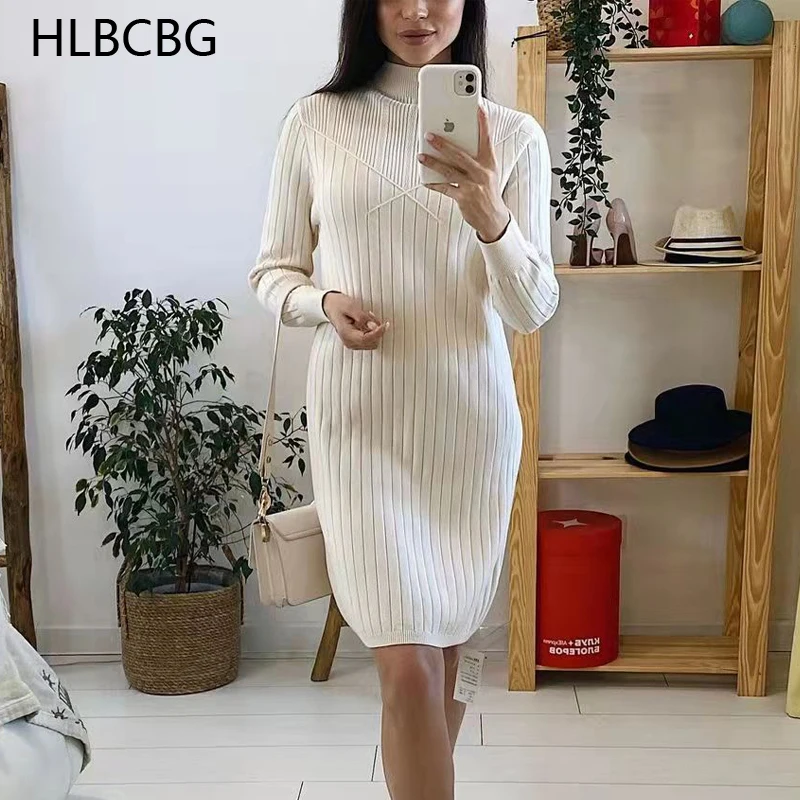 Длинное вязаное платье-свитер HLBCBG плотное теплое зимнее плиссированное в рубчик