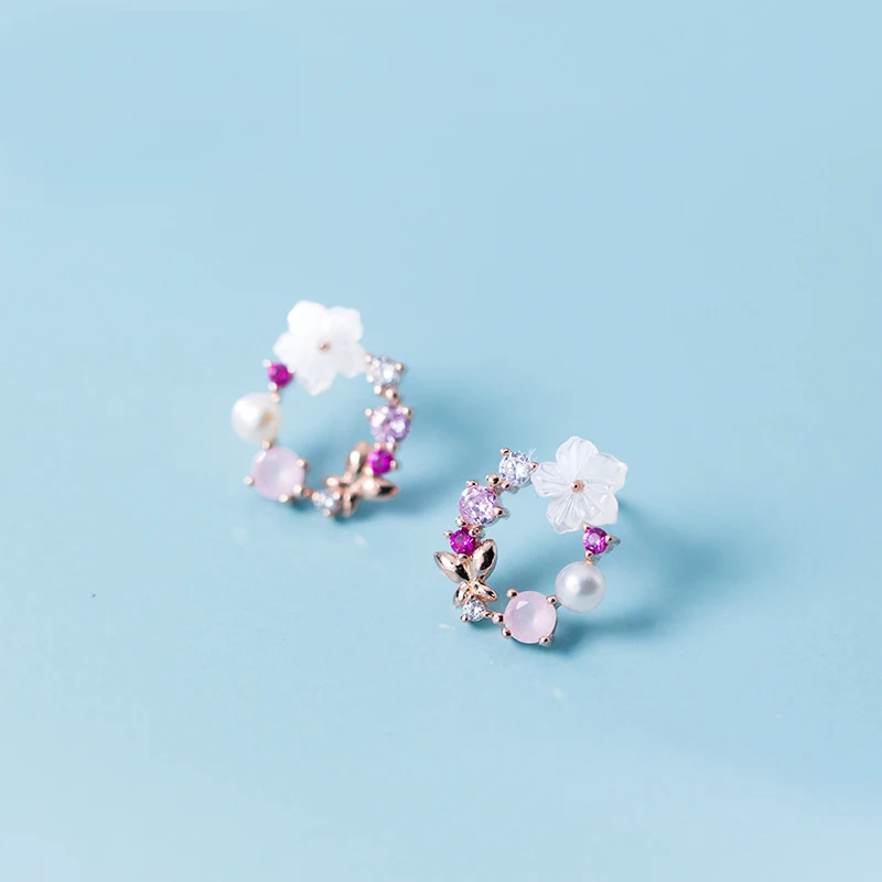 

XMD Real 925 Sterling Silver Spring Flower Stud Earrings Pink & Clear CZ Stud Earrings for Women Silver Jewelry