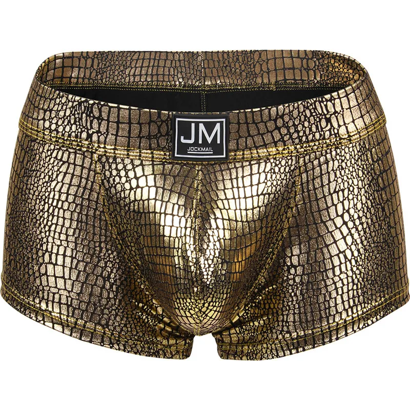 Jockmail Мужское нижнее белье боксеры сексуальное прозрачное Мужское нижнее белье PU кожаное нижнее белье мужские боксеры шорты Мужское нижнее белье боксеры шорты - Цвет: Золотой