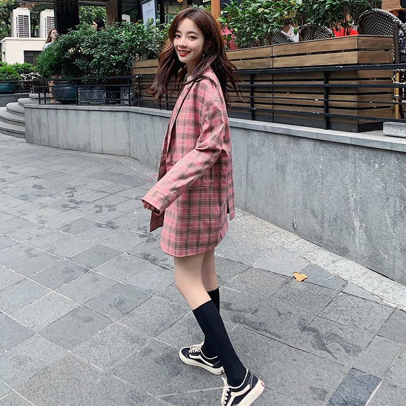 

2021 Spring Elegant OL Series Double Breasted Women Blazer Pink Plaid Coat Office Femme Basic Jacket Korean Feminino Clothing