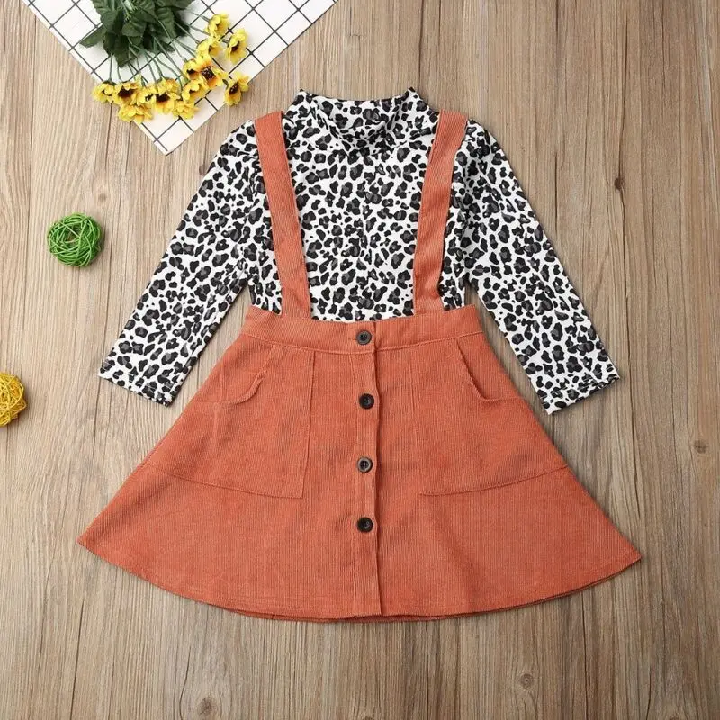 2020 Baby Spring Autumn Clothing Kid Girl Clothes Long Sleeve Leopard Top T-shirt Overall Strap Dress Outfit Set 1-5T |