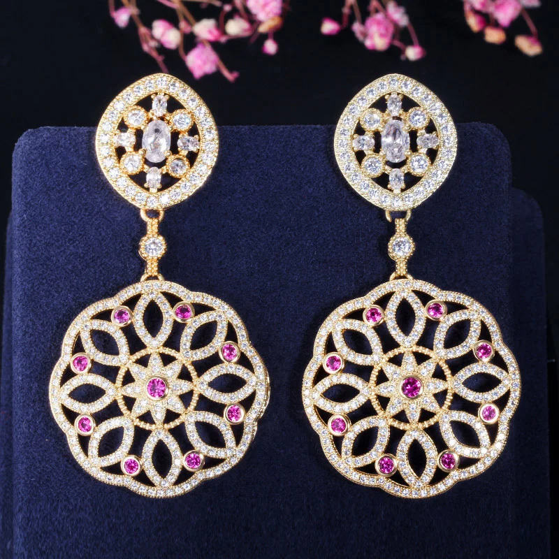 gold plated Pera сверкающий золотой цвет большие длинные висячие кубический циркон круглые Висячие свадебные серьги на свадебную вечеринку ювелирные изделия с розово-красным камнем E175 - Окраска металла: gold plated