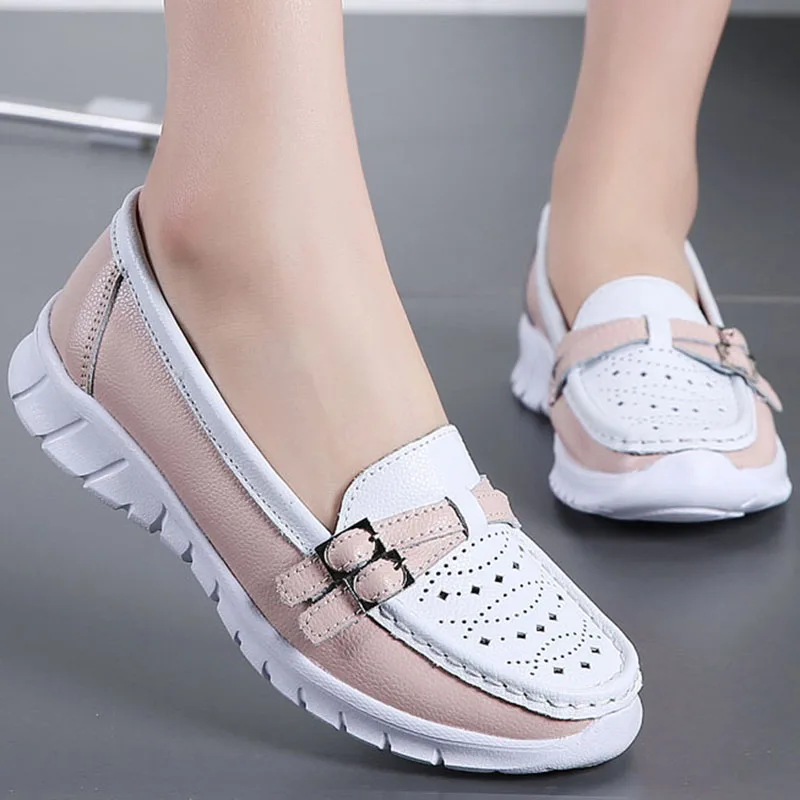Women Loafers Shoes Genuine Split Leather Slip on Buckle Flat Heel Ballerines Ladies Sneakers Work Zapatos De Mujer 1840W | Обувь