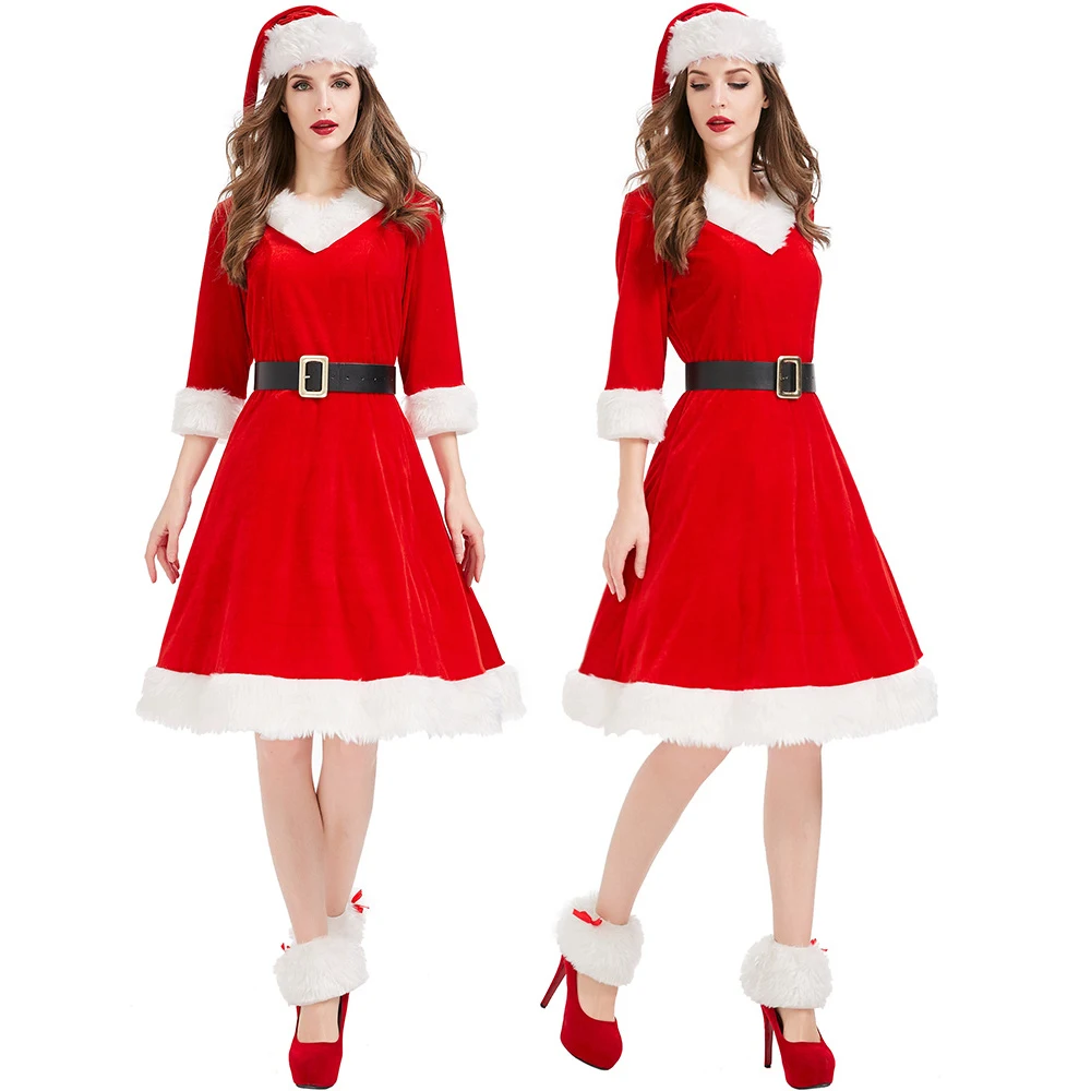 

Соблазнительные рождественские костюмы для косплея Санта-Клауса, женское сценическое маскарадное платье, красное бархатное теплое рождественское платье миди с шапочкой