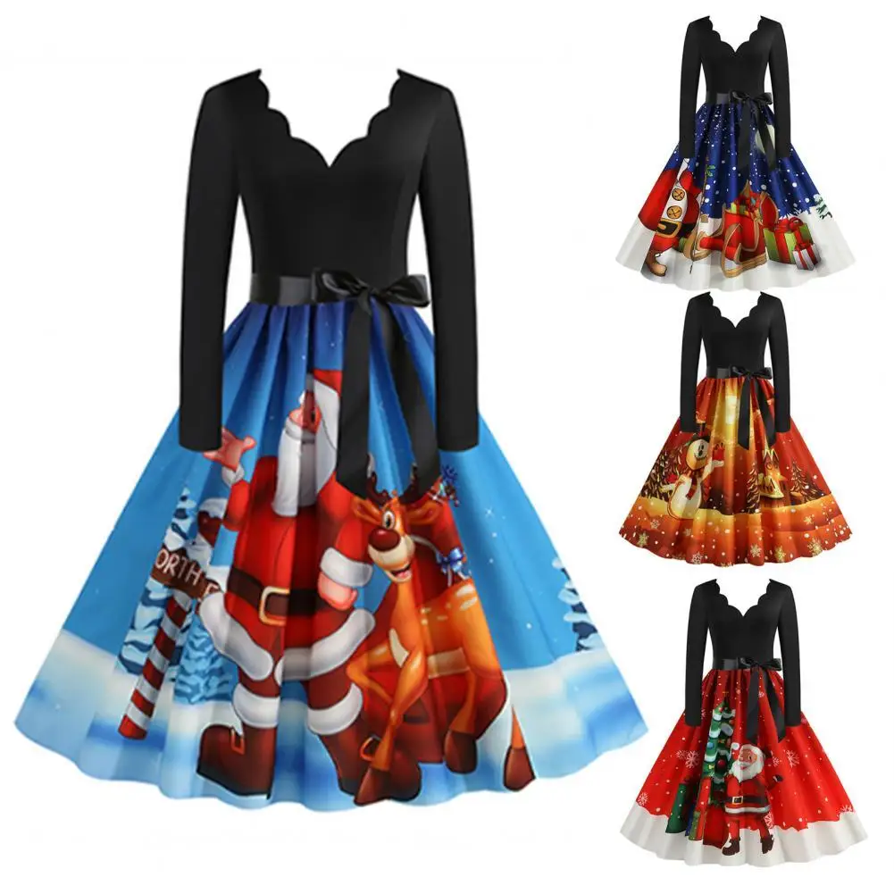 

Women's Winter Dress 2021 Santa Clus Print Square Neck Lady Lace-up Mid-calf Dress for Festival