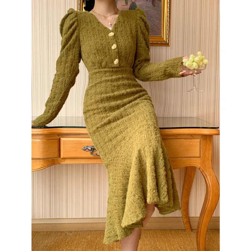 

Temperament Elegant Lady Puff Sleeve Lace Dresses for Women 2022 Spring V-neck Korean Knit Dress Sexy Fishtail Dress Femininity