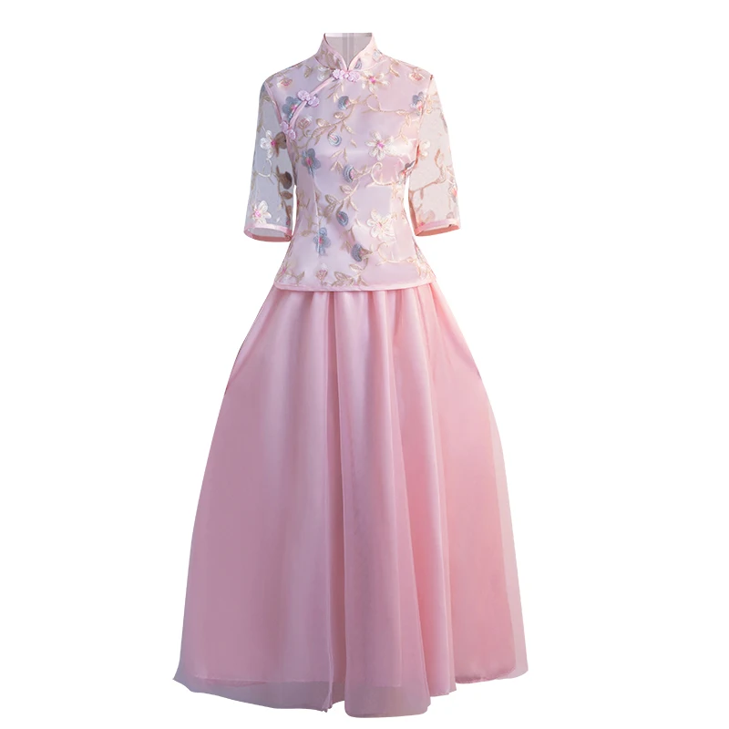 Комплект из 2 предметов платье Чонсам с вышивкой для вечеринки розовое подружки