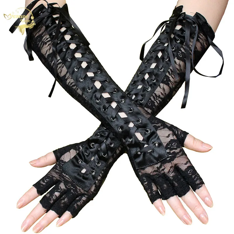 

1 Pair Women Gothic Long Gloves Half Finger Black Punk Hip Pop Disco Mittens Lacing Gloves Clubwear Dance Cosplay Party Costumes