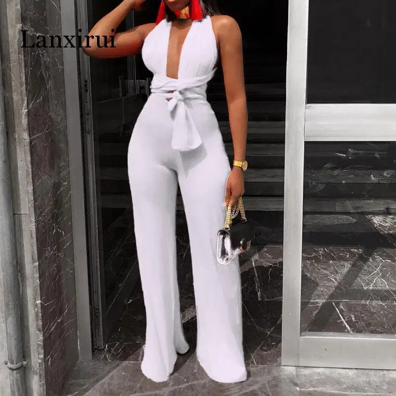 

New Arrival Fashion Women Clothing Sexy V Neck Multi-way Jumpsuits Female Lace Up Bandage Sleeveless Wide Leg Autumn Playsuits