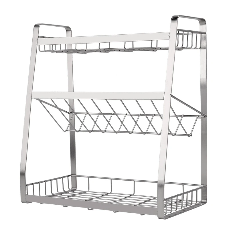 

304 Stainless steel kitchen wall sauce storage and spice rack kitchen Cookware Spice Shelf Rack with Hooks Wall Hanging Kitchen