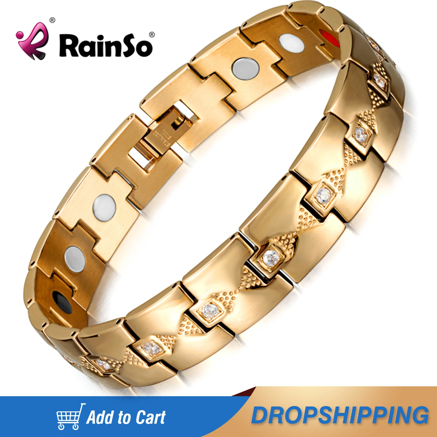 

Rainso Fashion Stainless Steel Bracelet For Women Magnetic 4in1 Bio Energy Healthy Gold Zircon Bracelets&Bangles Girls Jewelry