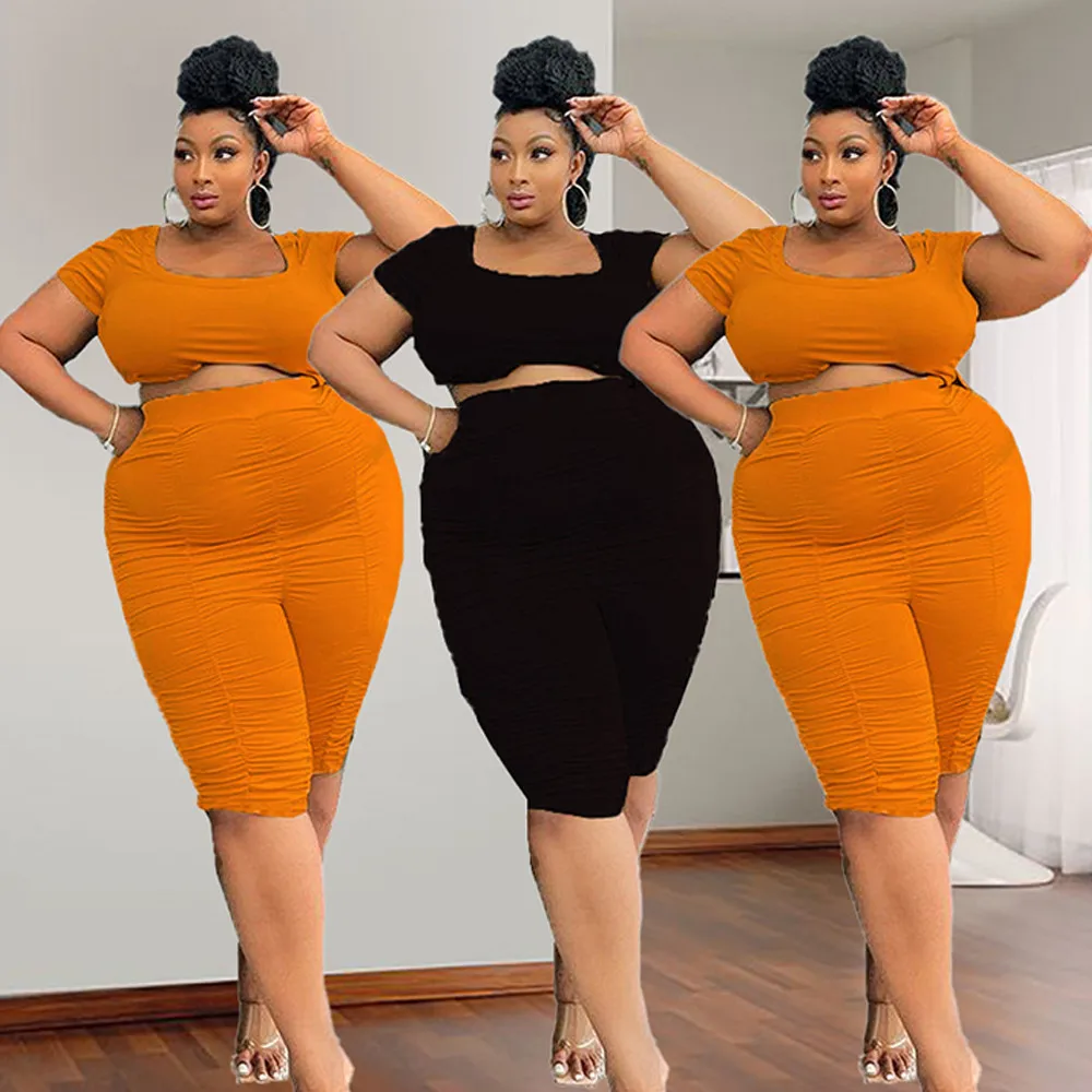 

XL-5XL Plus Size Ruched Two 2 Piece Set for Women Sexy Square Collar Short Sleeve Crop Top+high Waist Pleated Skirt Party Outfit