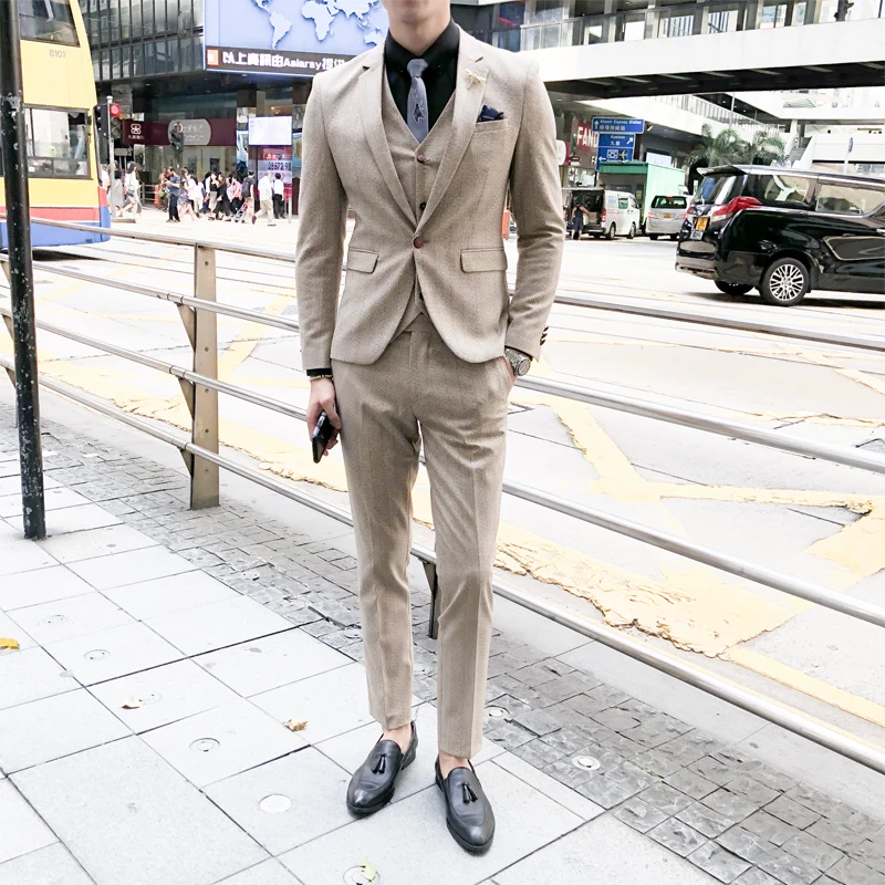 Plyesxale серого цвета и хаки мужские свадебные костюмы платья Slim Fit Мужская мода