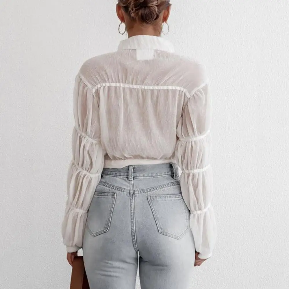 

Women Shirt Fashion Blouse Buttons Lantern Sleeve Solid Fold Bow Bandage Temperamental Casual Top Chemisier Femme Regular 2021 #