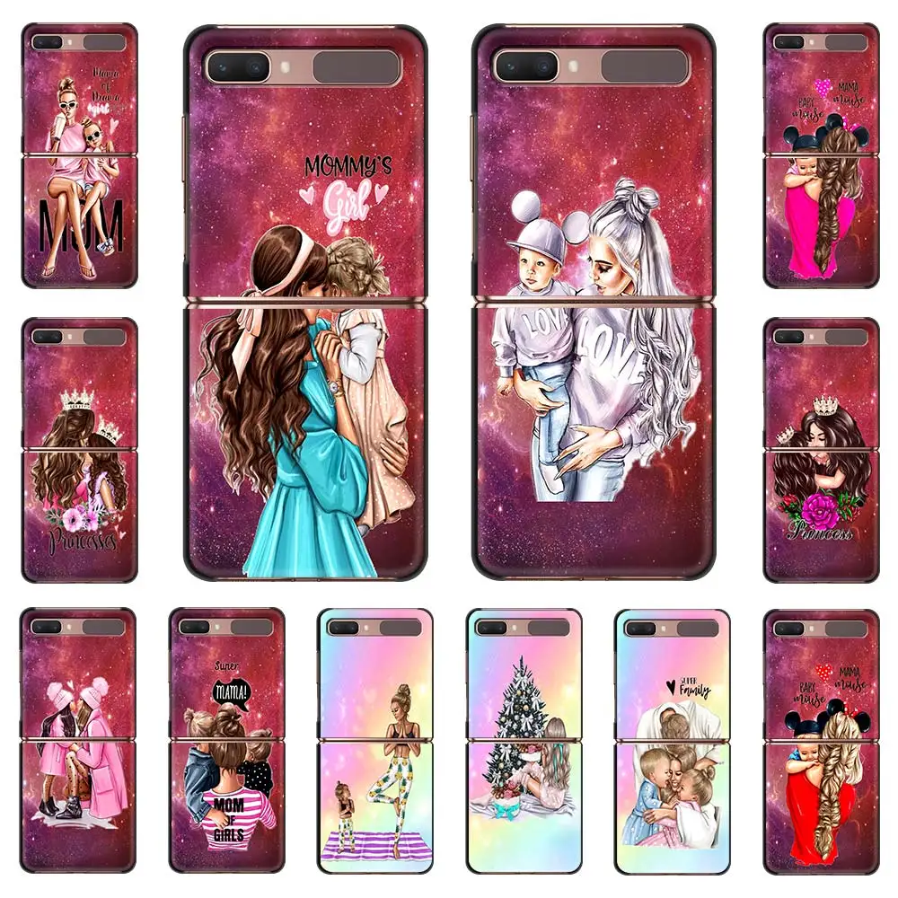 

Phone Case For Samsung Galaxy Z Flip Fold Hard PC Cover For Galaxy ZFlip 5G Mobile Bag Back Shell Black Brown Hair Baby Mom Girl