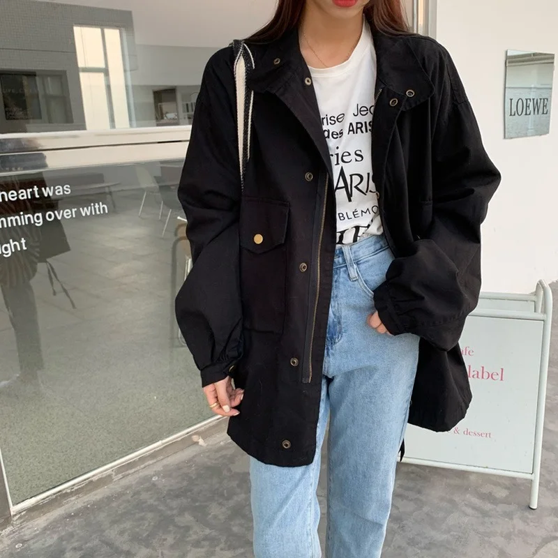 

Jackets Women Vintage Turn-down Collar Harajuku Students Cargo Style Popular Pockets Spring Outerwear Female Solid Casual Basic