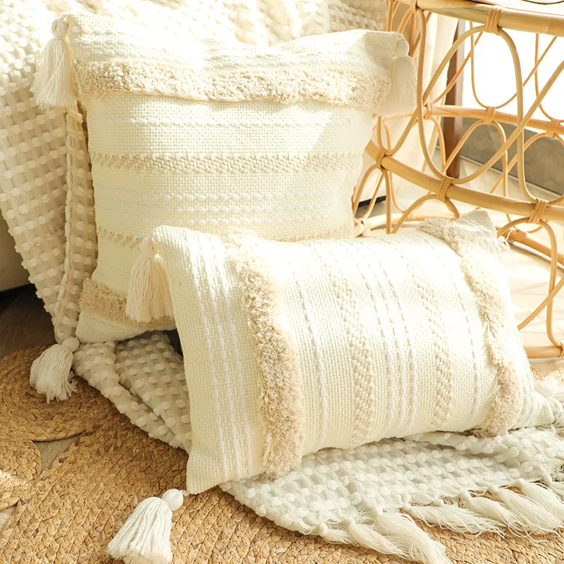 

Cotton flocking tassels creamy cushion cover sofa decor pillow cover stripe embroidery thicked throw pillowcase lumbar pillow 45