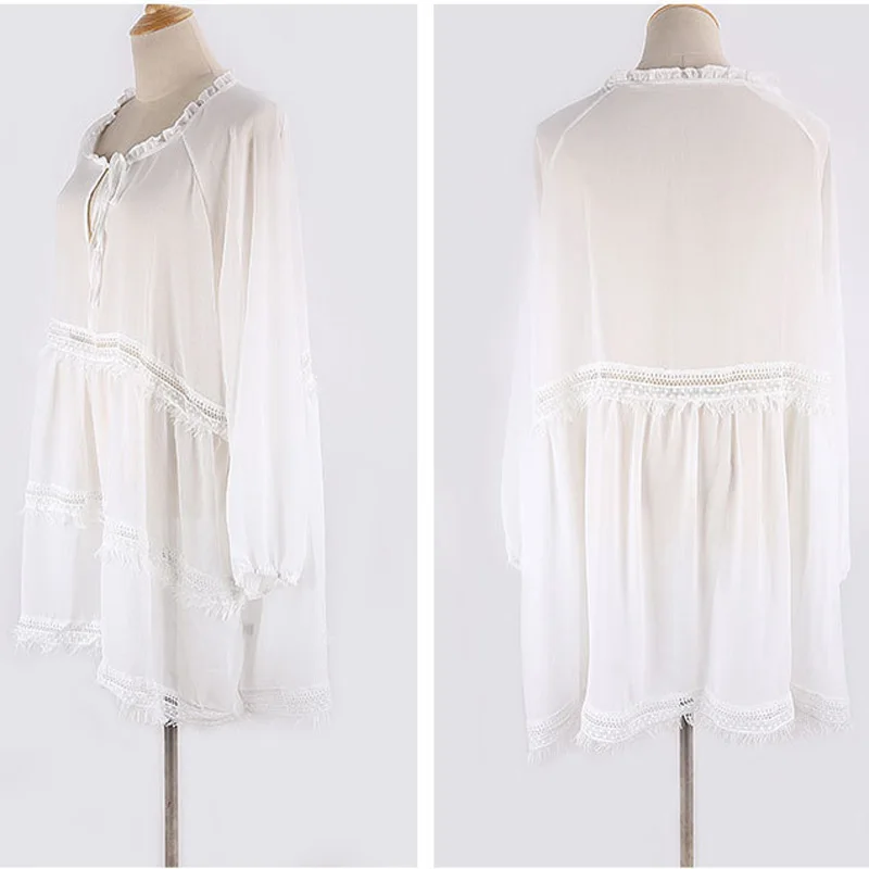 

FORERUN Summer White Beach Dress Bikini Bathing Suit Cover Up Women Deep V Neck Mini Chiffon Dresses Casual Beachwear Pareo
