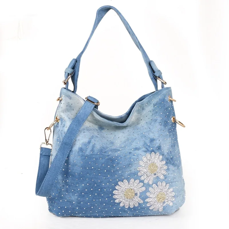 

Flowers Tote Bags for Women with Diamond Purses and Handbags Shoppers Crossbody Bag Casual Female 2021 Summer New Bucket Wallet