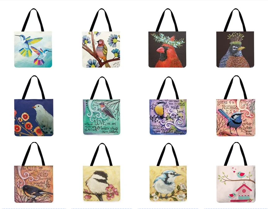 

Сумка для покупок на плечо с цветочным принтом птиц, повседневные женские сумки на плечо, Льняная сумка Вечерние