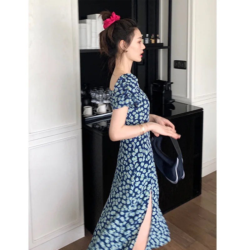 Женские повседневные платья в стиле ретро миди с цветочным принтом квадратным