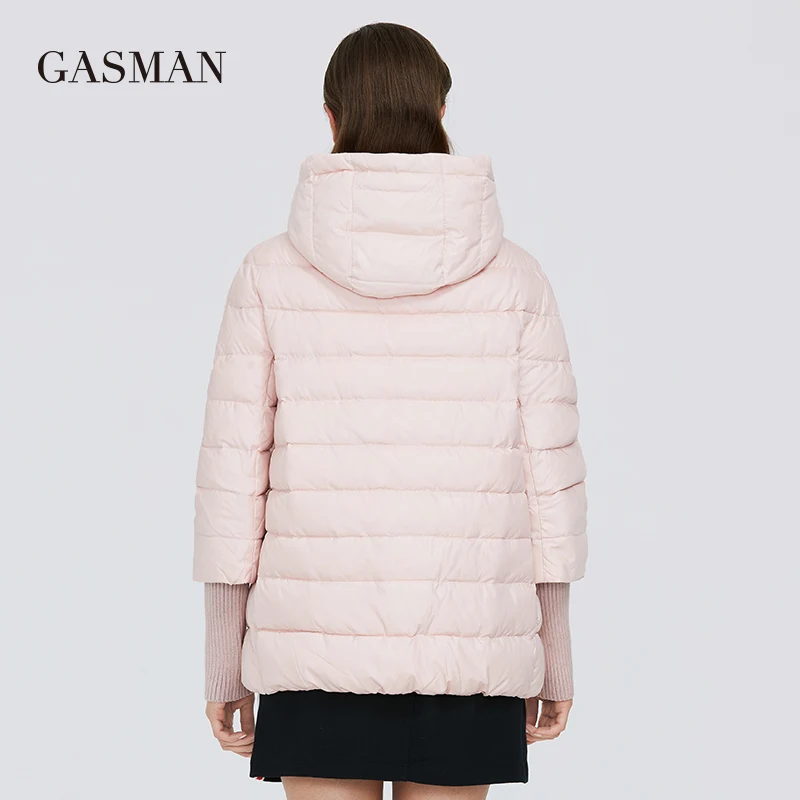 Бренд GASMAN розовая Модная трикотажная куртка с капюшоном зимняя женская короткая