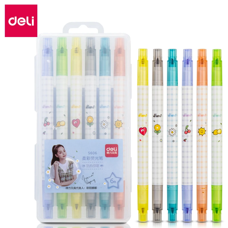 

Deli 6pc/Lot Double Headed Markers Fluorescent Highlighter Pen маркеры Drawing Marker Pen DIY Graffiti School Office Stationery