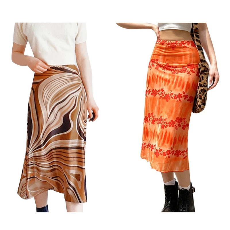 

Casual Printed Brown A-Line High Waist Elegant Skirts M With Floral Print Womens Casual High Waisted Skirt M