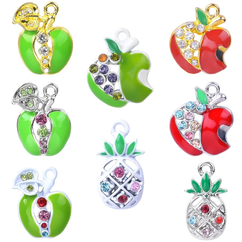 

5pcs Green Red Apple Pendant Charms For Jewelry Making Supplies Rhinestone Accessories Pineapple Charm Handmade Earrings Anklets