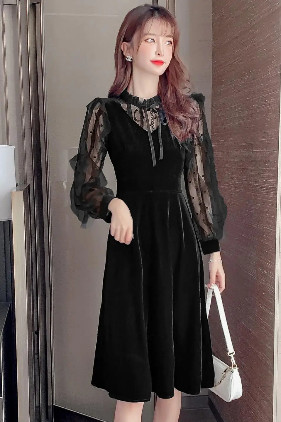 

COIGARSAM French Style Ruffles Women one-piece dress korean New Cute Patchwork Lace Bow Dresses Black 516