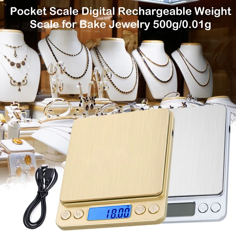 

Pocket Jewelry Scale Digital Rechargeable Weight Scale for Golden Jewelry Kitchen Tea 500g/0.01g 1000g/0.1g 1Pcs