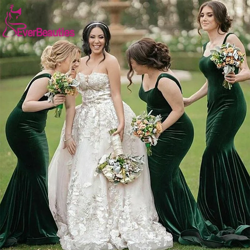 Simple Green Mermaid Spaghetti Straps Long Bridesmaid Dresses Velour Vestido Madrinha Wedding Guest Dress De Festa | Свадьбы и