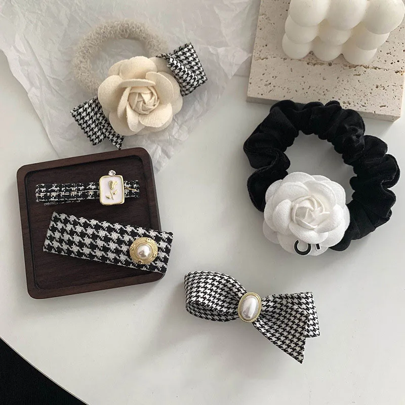 

White Camellia Flower Temperament Women houndstooth Hairpin Elegant Girls Pearl Bow Hair Clip Hairwear Fashion Hair Accessory