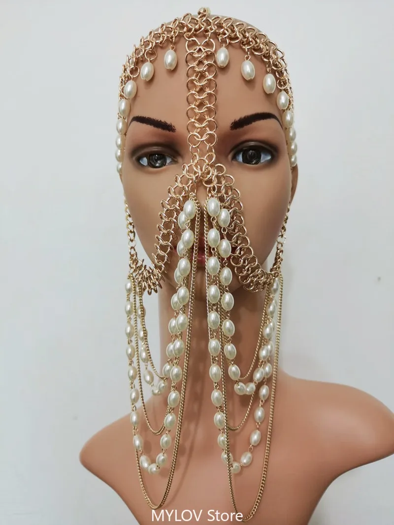 

T0101 Fashion Plearls Face Chain Tassel Mask Fashion Head Chains Jewelry Body Hair Harness Accessories Women