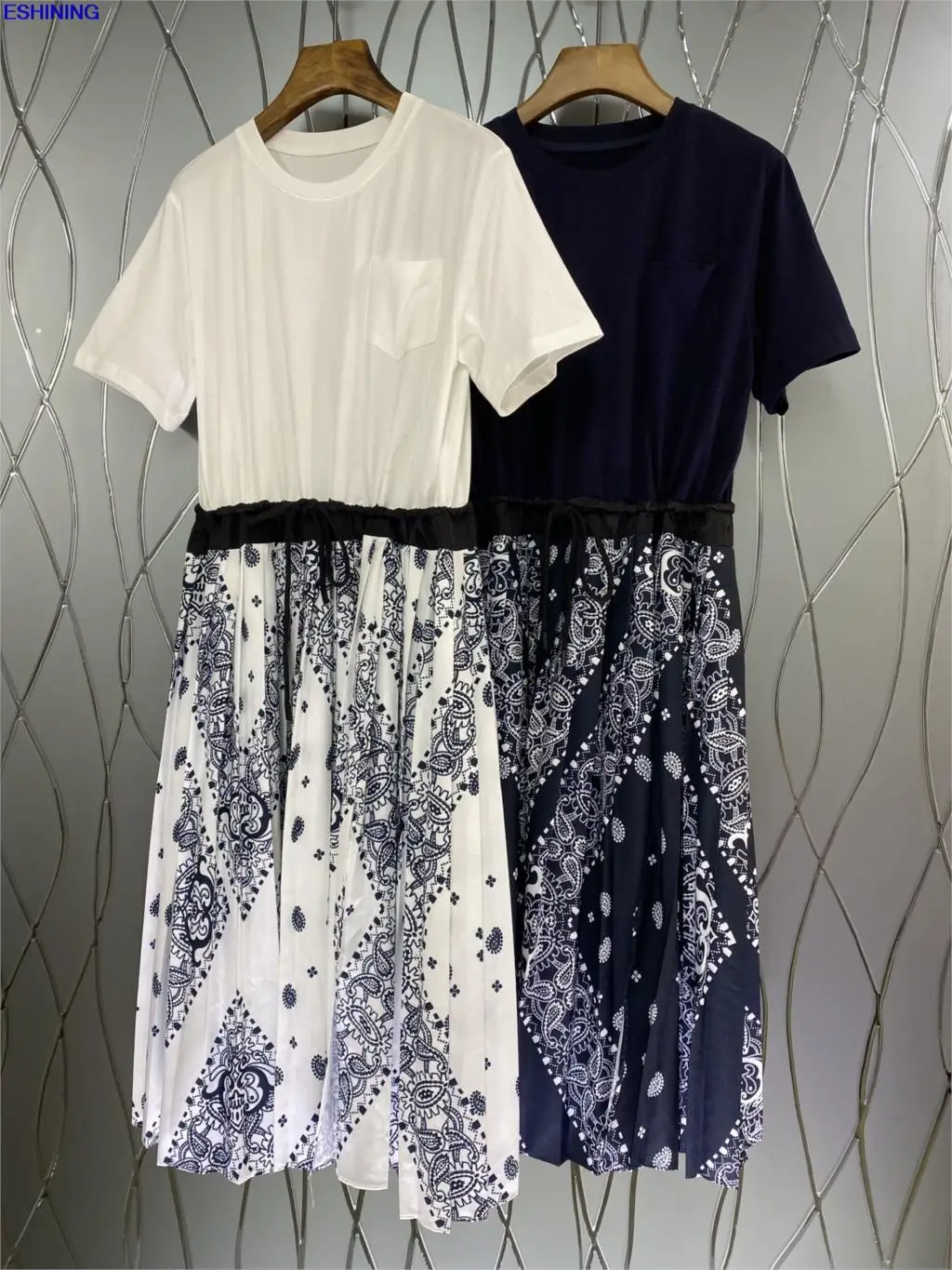 

202Summer new style hem print solid color stitching round neck dress female short sleeve elegant temperament long section