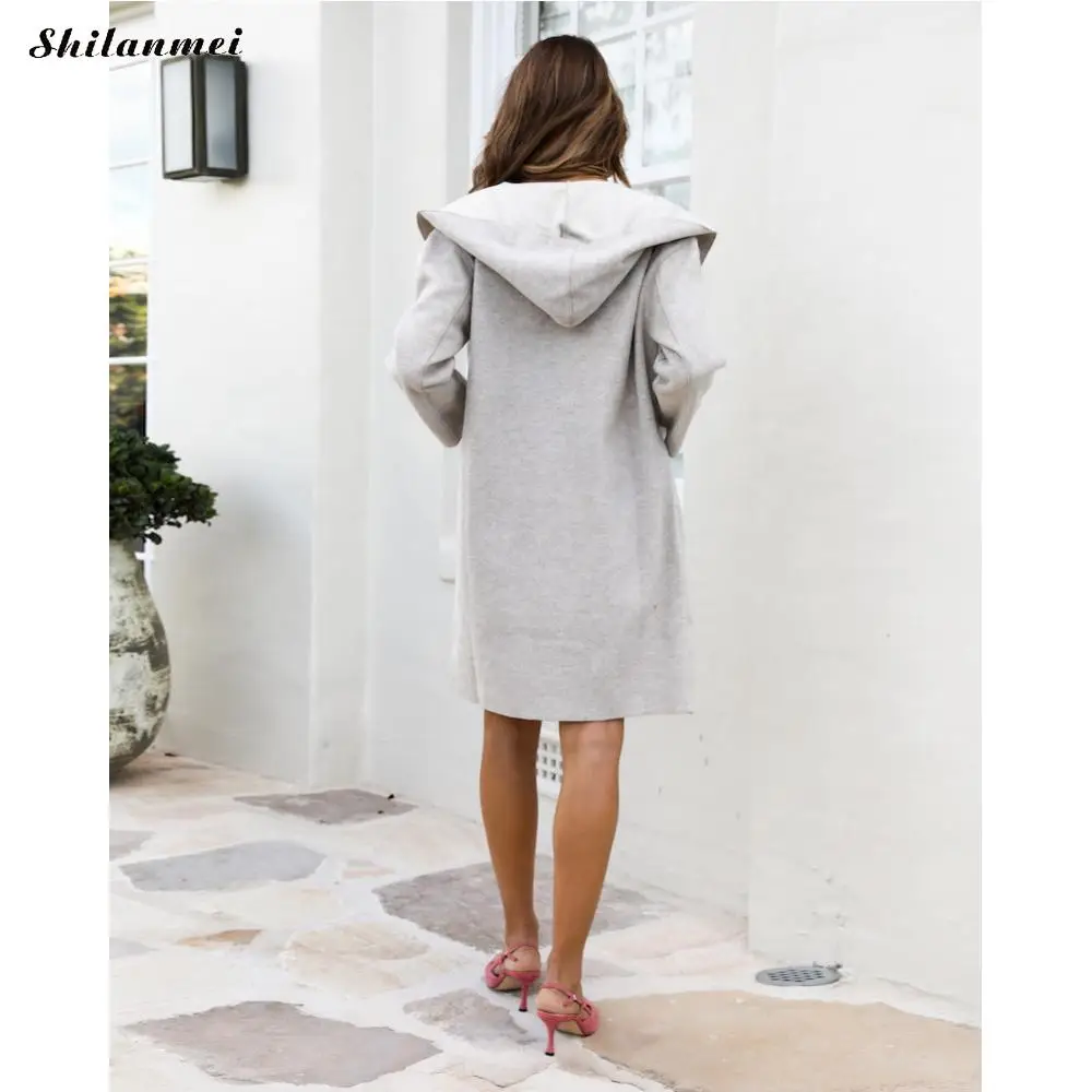 

2019 Winter Gray Wool Blend Coat Long Style Hooded Casual Cardigan Coat Women Plus Size Female Woolen Overcoat Abrigos Mujer 3xl