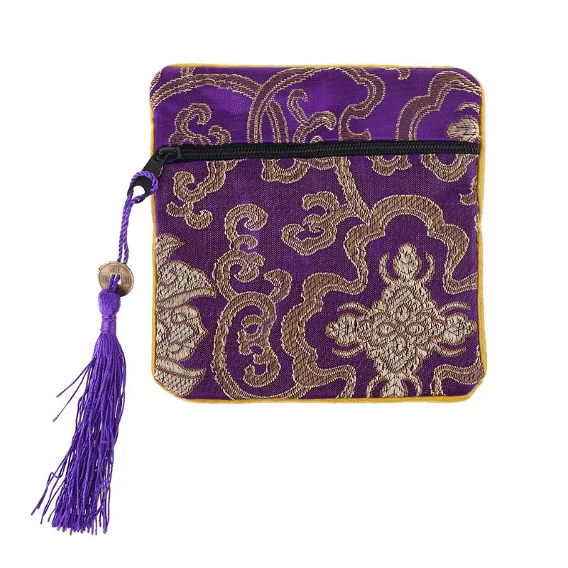 Classic Chinese Embroidery Jewelry Bag Organizer Silk Tassel Traditional Pouch - Цвет: Фиолетовый